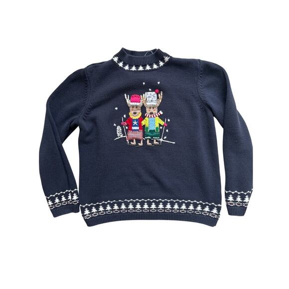 Vintage Women's Holiday Sweater Reindeer 100% Cotton Navy Blue – Size Small - Picture 1 of 6
